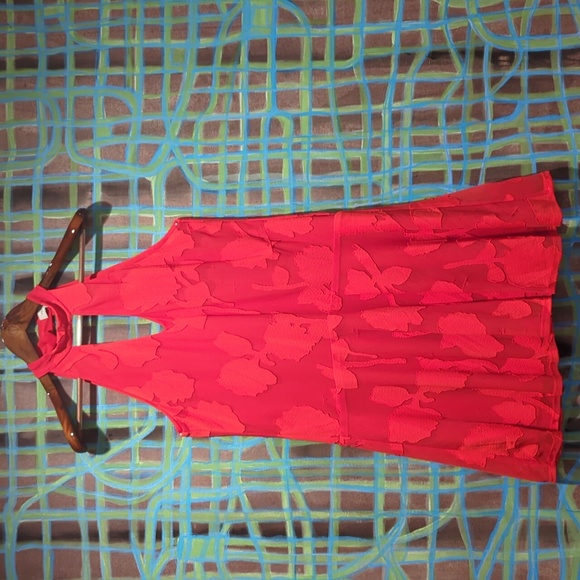 Waverly Grey Dresses & Skirts - Waverly Grey drop waist halter dress-red sheer embroidered overlay flare skirt S